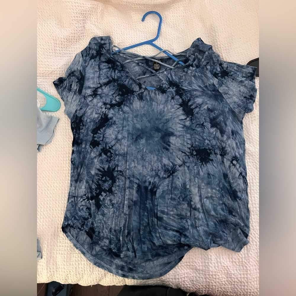Blue tie dye, cross at the chest soft tee shirt